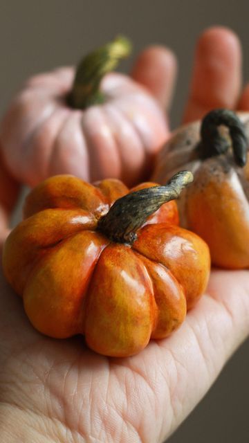 🌲Elena | fairytale forest art 🍂 on Instagram: "🍂 A quick tutorial where I show how to make pumpkins from polymer clay (fimo professional)😊   You can use foil inside the pumpkin if you want, but I don’t use it. I don't use it because it slows down my work at times and my skin on my fingers hurts after leveling the clay. You can use foil if you have no problems with it:)  After I sculpted the pumpkin, I bake it as it is written in the instructions. Then I paint it with acrylic paints (I use Amsterdam acrylic) and varnish it several times (fimo or cernit varnish) ☺️  Pumpkins are ready to decorate the autumn cozy corner✨🍂" Pumpkin Clay Art, Clay Autumn Decor, Pumpkin Clay Ideas, Clay Pumpkin Diy, Autumn Clay Ideas, Air Dry Clay Pumpkins, Clay Halloween Ideas, Fall Polymer Clay Ideas, Ceramic Pumpkin Painting Ideas