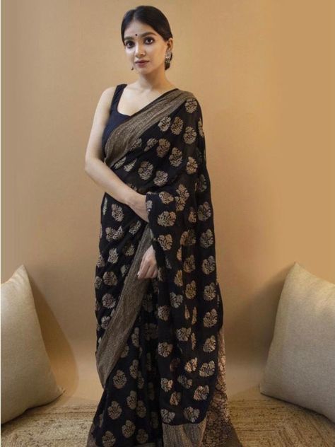 Rs.1199-Beautiful Black Color Designer Party Wear Lichi Silk Saree At Siya Fashion. Saree Design, Black Saree, Stylish Sarees, Work Sarees, Saree Look, Chiffon Saree, Fancy Sarees, Soft Silk Sarees, Traditional Sarees