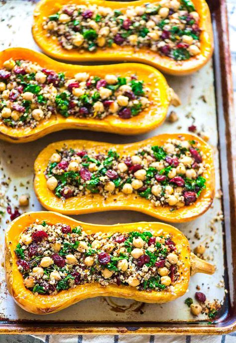 Jillian Harris - Vegan Easter Dinner-14 Kale And Chickpeas, Vegetarian Side Dish Recipes, Stuffed Butternut Squash, Stuffed Butternut, Quinoa Kale, Stuffed Squash, Chickpeas Recipe, Pasta Vegetariana, Healthy Thanksgiving Recipes