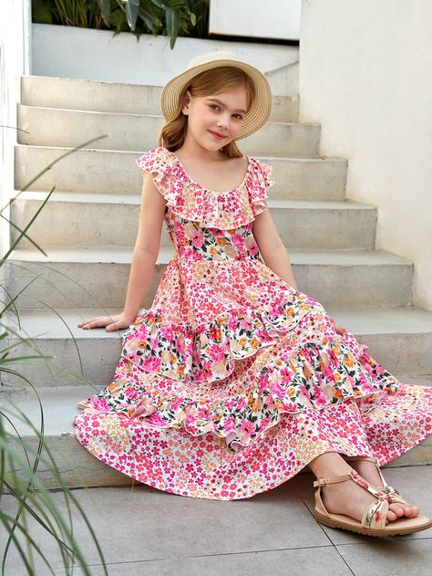 Multicolor Boho Collar Sleeveless Woven Fabric Floral A Line Embellished Non-Stretch Summer Girls Clothing Pink Floral Summer Dress, Flowy Floral Dress, Girls Dresses Sewing, Girls Frock Design, Ruffle Trim Dress, Frock Design, Fabric Floral, Floral Dress Summer, Girls Wear