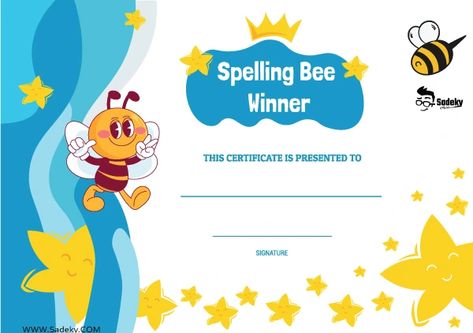 Spelling Bee Winner Certificate PDF | Free Printable Template | Sadeky Spelling Bee Decorations Free Printable, Spelling Bee Certificates Free Printable, Spelling Bee Ideas, Spelling Bee Certificate, Spell Bee Competition, Bee Certificate, Winner Certificate, School Award Certificates, Play School Activities