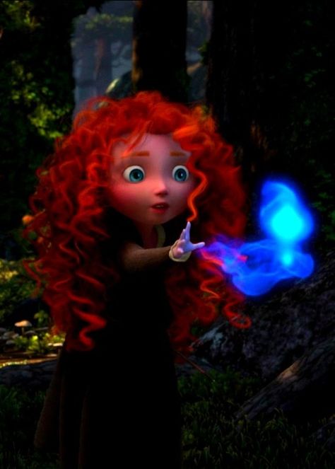 BRAVE - While venturing into the woods to fetch a stray arrow, Merida encounters a will-o'-the-wisp. "I saw a wisp!!" "A wisp? You know, some say they lead you to your fate" Prenses Merida, Will O The Wisp, Tattoo Disney, Princess Merida, Disney Brave, Merida Brave, Images Disney, Deviant Art, Pinturas Disney