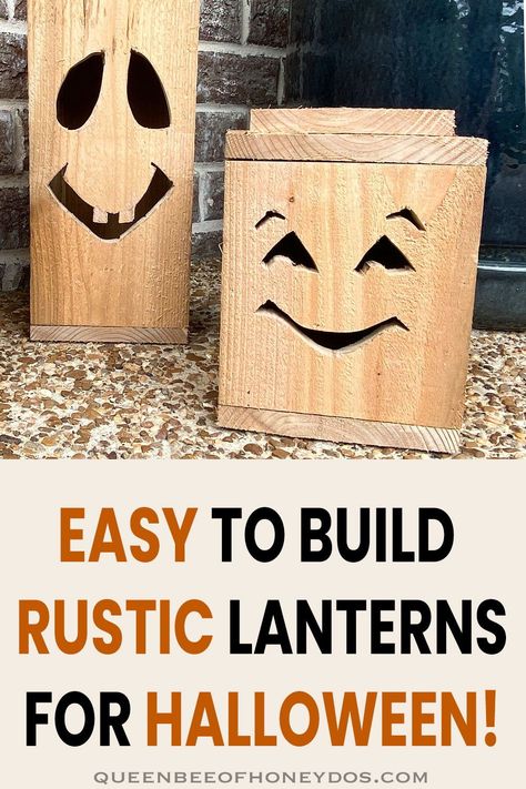 Super cute and easy! These rustic Halloween lanterns can be built in 3 sizes and add a touch of farmhouse to any holiday decor! #Halloween #woodworking #lanterns #pumpkins #decorations Halloween Wood Lanterns, Diy Wooden Halloween Decorations Outdoor, Wooden Jackolantern Diy, How To Make Wooden Pumpkins, Wood Pumpkin Lanterns Diy, Diy Wooden Jack O Lantern, Diy Wooden Halloween Decor, Halloween Wood Crafts To Sell, Diy Halloween Wood Projects