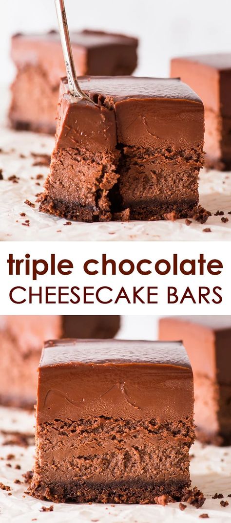 Triple Chocolate Cheesecake Bars (Gluten Free) - These triple chocolate cheesecake bars are every chocoholic’s dream come true. Creamy, intensely chocolatey and just all round delicious, as well as easy to make… and oh-so decadent. Gluten free cheesecake. Chocolate dessert recipes. Small batch recipe. Chocolate ganache. Chocolate cheesecake base. Easy dessert recipe. Chocolate recipes. Cheesecake recipes. #chocolate #cheesecake Cheesecake Bars Gluten Free, Chocolate Pop Tarts, Loopy Whisk, Cheesecake Base, Rich Tea Biscuits, Chocolate Cheesecake Bars, Recipes Cheesecake, Creamy Chocolate Cheesecake, Bars Gluten Free