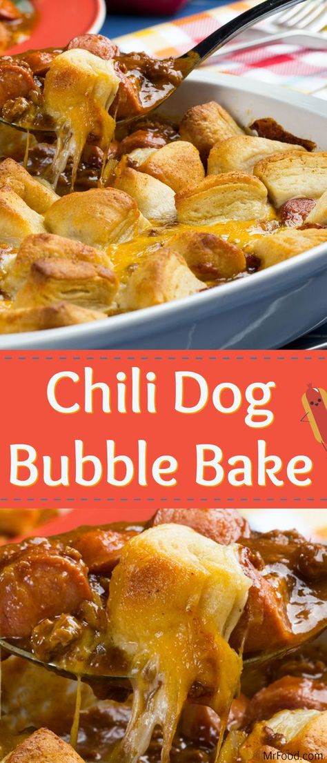 Bubble Bake, Chili Dog Bake, Hot Dog Casserole, Casserole Meals, Chili Dog Chili Recipe, Chili Dog Casserole, Chili Cheese Dog Casserole, Comforting Casseroles, Summertime Food