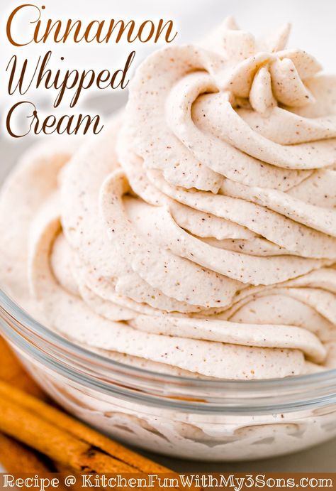 Cinnamon Whipped Cream is a flavored homemade whipped topping that can go on all kinds of Fall and Thanksgiving desserts. This easy whipped cream recipe is a combination of heavy cream, powdered sugar, vanilla, and of course cinnamon! Whipped Cream Cheese Recipes, Homemade Whipped Topping, Easy Whipped Cream Recipe, Pumpkin Whipped Cream, Philly Cheesecake, Cinnamon Whipped Cream, Pumpkin Rice Krispie Treats, Cinnamon Bread Easy, Breakfast Sliders