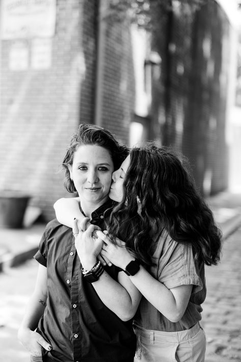 TJ (they/them) and Sam (she/her) are getting married late next year and they wanted their engagement session to feel a little city, a little urban, so we opted to wander around my favorite part of the city, Old City Philadelphia, for their engagement session with the hope of finding some new fav spots! Read more and view the session on the Swiger Photography blog! Queer Photoshoot Ideas, Queer Engagement Photos, Queer Engagement, Couples Posing Ideas, Couple Engagement Pictures, Couples Posing, Engagement Poses, Posing Ideas, The Hope