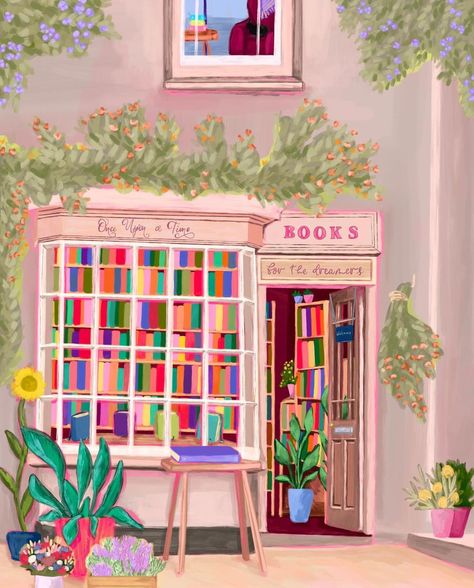 Rebecca Elizabeth | Illustrator 🎨🦋🌸 | A cute little bookshop in spring 📚🌸 Recently I’ve had so many ideas of things and places I want to draw that I just can’t draw them fast e… | Instagram London Telephone Booth Drawing, Book Shop Drawing, Bookshop Painting, Book Shop Illustration, Book Store Illustration, Cozy Home Illustration, Bookshop Illustration, Book Shop Aesthetic, Bookstore Illustration