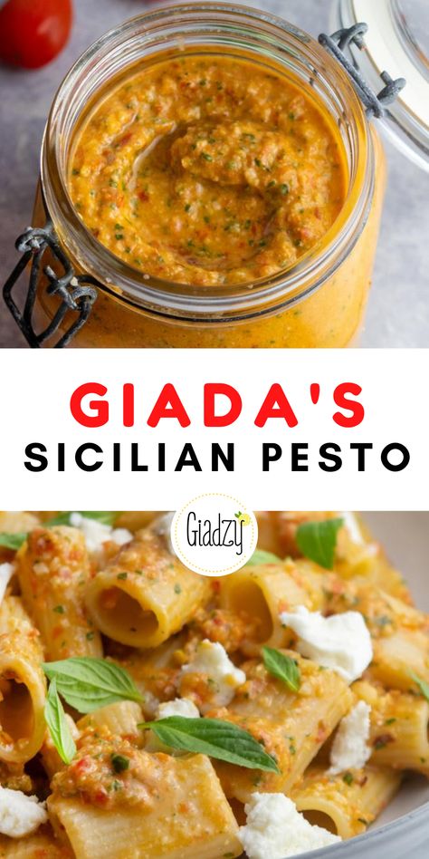 There are all kinds of pesto sauces in Italy, but this particular one is inspired by Sicilian tomato pesto – also known as “Pesto alla Trapanese”. What makes it different from Pesto Alla Genovese is that it uses almonds as opposed to pine nuts, and gets finished with fresh tomatoes, which are bountiful in the south. In Sicily, they use the Pachino tomato – which are small, sweet, and similar to cherry tomatoes. The addition of tomatoes gives the entire sauce a much lighter, brighter flavor. Sicilian Dinner Recipes, Bolganese Sauce Recipe, Canned Pesto Recipe, Dinner Sauces, Mediterranean Pesto, Canning Pesto, Best Pesto Recipe, Sicilian Pesto, Pasta And Sauce