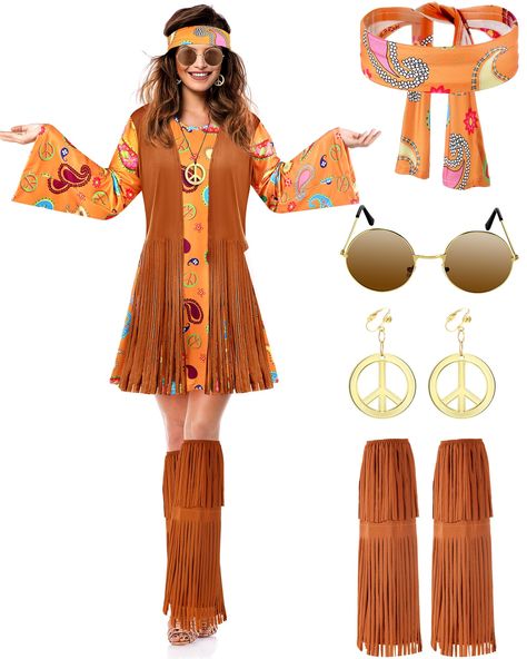 PRICES MAY VARY. What You Get: this hippie costume accessories set includes peace sign earrings, peace sign necklace, sunglass, headband, dress, ankle socks with tassels, suitable set for 60s 70s theme party or show, 6 pieces can meet your different needs Reliable to Use: dress, socks, and headband are made by polyester, fringe design which is attractive and stylish, suitable for people of different ages, you can choose the suitable size for yourself Stylish Style: 70s outfits for casual and spe 60s Costumes Women, 60s Costume Women, 70s Costume Ideas For Women, 70s Disco Party Outfit Costume Ideas, 70s Music Festival, 70 Costume Ideas, 70’s Fashion Women, Hippie Costume Ideas, 70s Dress Outfit