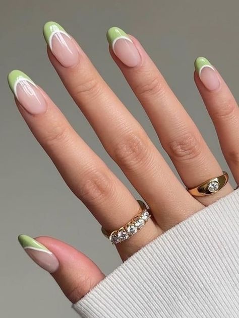 sage green and white double French tip nails Green French Tip Nails With White Line, Simple Nail Designs Green And White, Velvet Nail French Tip, Green Outline French Tip Nails, Green And White French Tip Acrylic Nails, Green And White Tip Nails, White Tips With Green Design Nails, Smile French Tip Nails, French Tip Nails Green Design