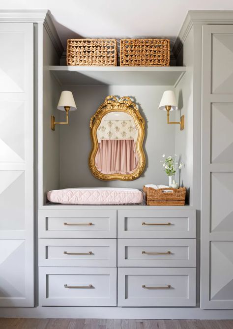 Nursery ideas: 12 rooms new parents will love | Homes & Gardens | Tv In Nursery Room, Built In Changing Table In Closet, Built In Changing Table, Nursery With Built Ins, Mini Nursery In Parents Room, Changing Table In Closet, Nursery Built Ins, Gold Crib Nursery, Nursery Closet Ideas