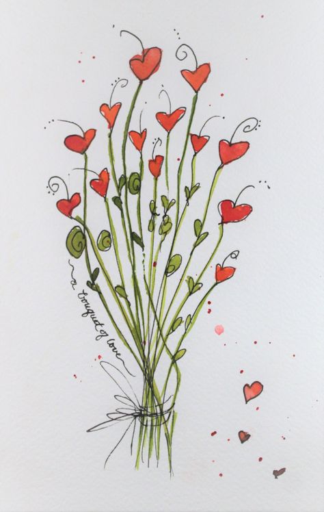 Watercolor Art For Boyfriend, Watercolor Love Paintings, Heart Bouquet Drawing, Heart Flowers, Water Colour Wedding Card, Anniversary Watercolor Painting, Love Draw, Watercolor Love, Heart Bouquet