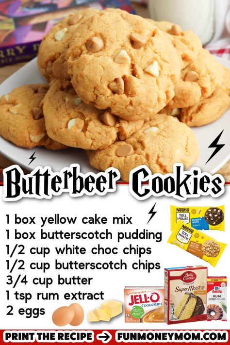 Harry Potter Themed Baked Goods, Butterbeer Cookies Recipe, Harry Potter Cookie Recipes, Easy Harry Potter Desserts, Butterbeer Cookies Harry Potter, Harry Potter Butterbeer Cookies, Harry Potter Christmas Desserts, Gryffindor Food Ideas, Harry Potter Kitchen Theme