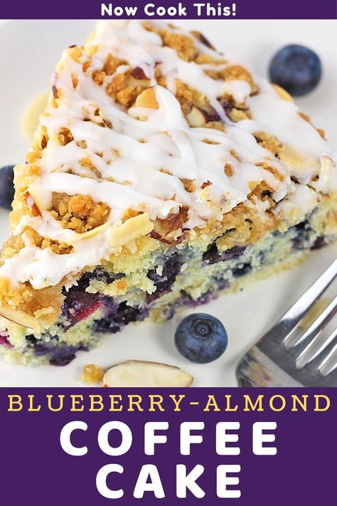 This easy Blueberry-Almond Coffee Cake is moist, delicious, and bursting with fresh blueberries...and it's topped with a sweet and crunchy almond streusel and drizzled with an almond glaze! Whether you enjoy it for breakfast, brunch or dessert, it's perfect paired with a cup of coffee or tea! #blueberryalmondcoffeecake #coffeecake #blueberrycoffeecake #blueberry Almond Coffee Cake Recipes, Almond Coffee Cake, Almond Glaze, Almond Coffee, Blueberry Coffee, Blueberry Coffee Cake, Coffee Cake Recipe, Breakfast Sweets, Easy Blueberry