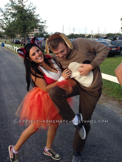 My fiance and I came up with the idea for the Fox and the Hound a few months before Halloween, but we weren't really sure how to execute it cheaply without Fox And The Hound Costume, Sibling Halloween Costumes, Funny Couple Costumes, Halloween Creative, Couples Costume, Couple Costumes, Holloween Costume, Funny Couple, The Hound