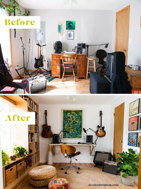 An Eclectic, Mid Century-Inspired Home Recording Studio » Jessica Brigham Living Room Recording Studio, Music Studio Small Space, Vocal Studio Room, Small Music Studio Ideas Home, Eclectic Music Room, Studio Home Ideas, Recording Studio Design Home, Jessica Brigham, Music Room Ideas