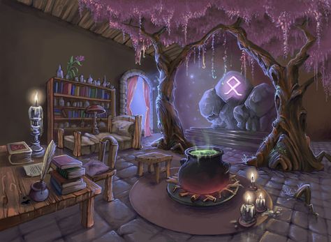 ArtStation - A Wizard's Living Room, Stefanie Arndorfer Magic Room Fantasy Art, Witch House Concept Art, Fantasy Room Concept Art, Room Fantasy Art, Witches Room, Dnd Room, Fantasy Room, Casa Fantasy, Witch Room