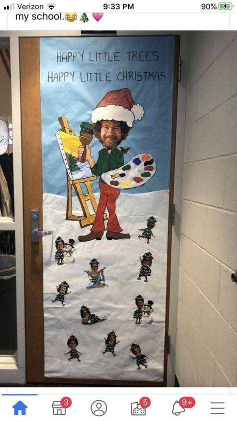 Bob Ross Christmas Door, Christmas Door Decorations For School Funny, Funny Door Decorations Christmas, Funny Christmas Classroom Doors, Winning Christmas Door Decorations, Christmas Office Door Decorating Contest Funny, Holiday Office Door Decorating Ideas, Christmas Door Decorating Contest Funny, Office Door Christmas Contest