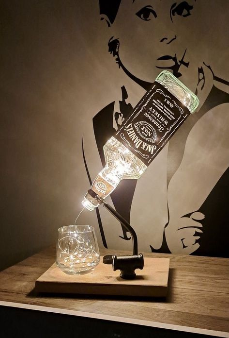 Alcohol Bottle Lights, Bottle Lights Diy, Jack Daniels Lampe, Jack Daniels Lamp, Jack Daniels Birthday, Liquor Bottle Lights, Liquor Bottle Lamp, Bar Lamp, Handmade Lamp