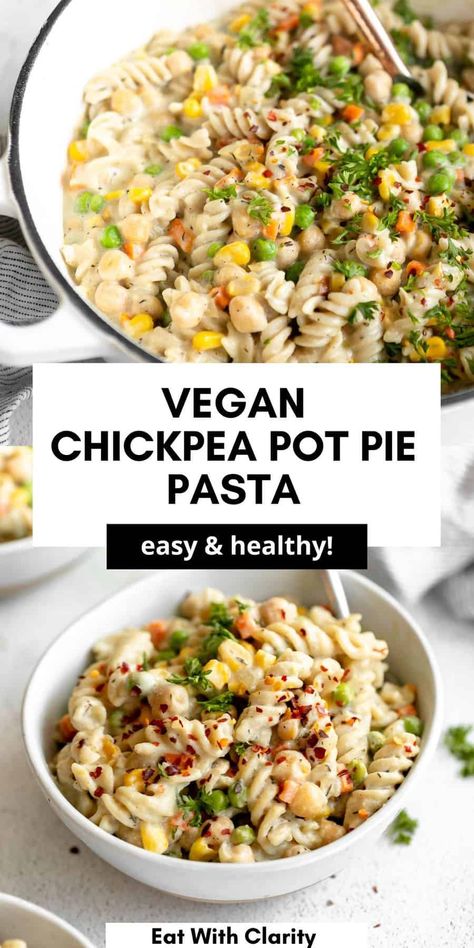 This vegan chickpea pot pie pasta is a healthy and easy dinner recipe that is ready in 30 minutes. It's the perfect family favorite dinner and is packed with protein from chickpea pasta and chickpeas. This vegan pasta recipe is gluten free, healthy and perfect vegetarian comfort food. Chickpea Pot Pie, Pot Pie Pasta, Vegan Pasta Recipe, Vegan Chickpea, Favorite Dinner, Chickpea Pasta, Vegan Pasta Recipes, Healthy Comfort, Chickpea Recipes