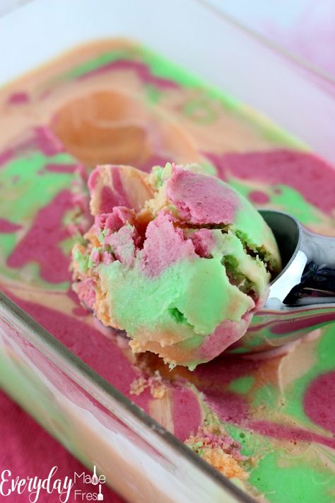 Yes, you can totally make Rainbow Sherbert at home, easily! Raspberry, orange, and lime, just like you can buy in the store, only better! | EverydayMadeFresh.com Rainbow Sherbert, Twotti Fruity, Sherbet Ice Cream, Sherbet Recipes, Frozen Treats Recipes, Ice Cream Recipes Machine, Raspberry Orange, Kulfi Recipe, Ice Cream Maker Recipes