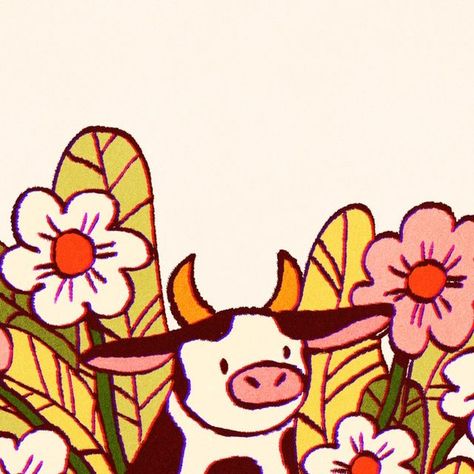 Painting Ideas Cow Easy, Hen With Chicks Drawing, Simple Cow Illustration, Cute Simple Cow Drawing, Moo Dang Drawing, Animals With Flowers Drawing, Highland Cow Doodle, Cow Ears Drawing, Herford Cow