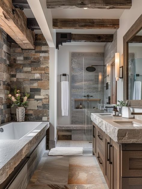 Mountain House Bathroom Tile, Barndominium Bathroom Ideas, Mountain House Bathroom, Master Bathrooms Luxury, Rustic Master Bath, Farm Bathroom, Rustic Bathroom Shower, 2024 Bathroom, Rustic Bathroom Ideas