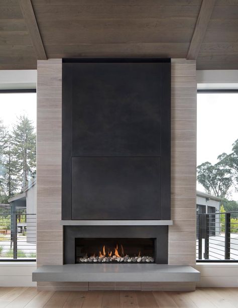 A Linear Fireplace With A Steel Surround And Cantilevered Hearth Is The Focus Point Of This Living Room Mountain Modern Fireplace Wall, Modern Linear Fireplace, Office Fireplace, Modern Fireplace Ideas Living Rooms, Hearth Ideas, Fireplace Modern Design, Club Vibes, Contemporary Fireplace Designs, Fireplace Tv Wall Decor