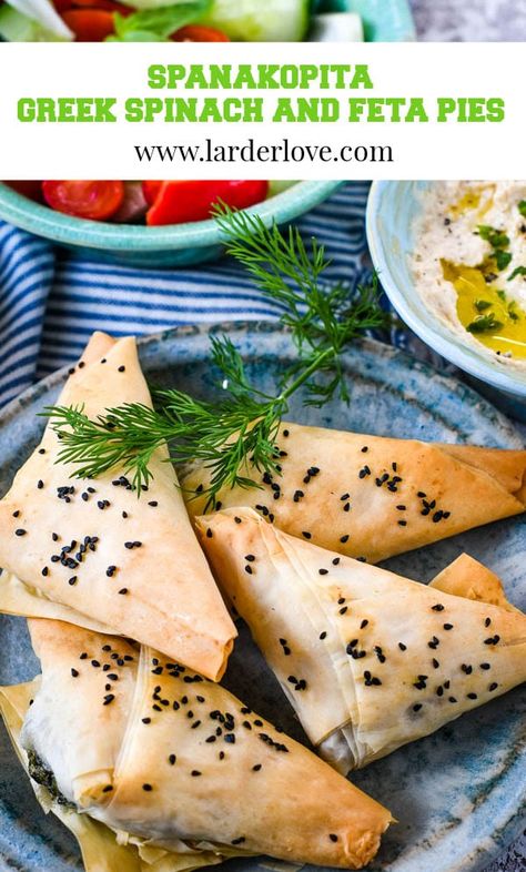 Spanakopita (Greek spinach and feta filo pies) are super easy to make and taste delicious with their flaky filo pastry and rich creamy feta and spinach filling. #spanakopita #spinachpies #greekspinachpie #spinachandfetapies #greekfood #larderlove Philo Pastry, Easy Spanakopita, Filo Pastry Pie, Spinach Pies, Spinach Filling, Greek Spinach, Greek Spinach Pie, Greek Appetizers, Creamy Feta