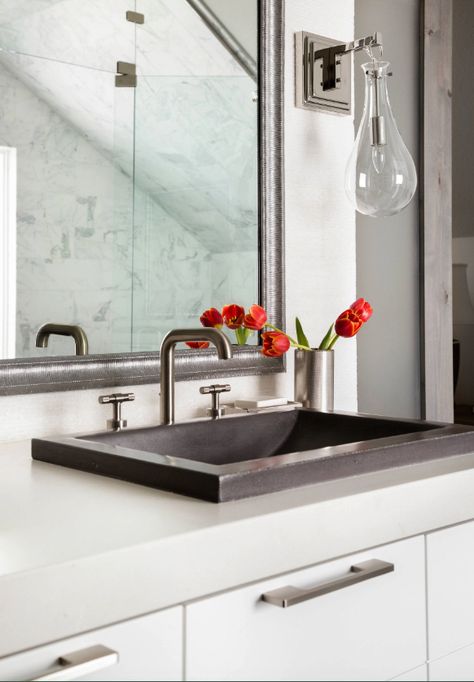 Native Trails NativeStone Cabrillo sink in this Denver bathroom by Ashley Campbell Interior Design Reclaimed Wood Bathroom Vanity, Concrete Bathroom Sink, Ashley Campbell, Hammered Copper Sink, Concrete Bathroom, Bamboo Bathroom, Decorate Entryway, Pallet Decorations, Undermount Bathroom Sink