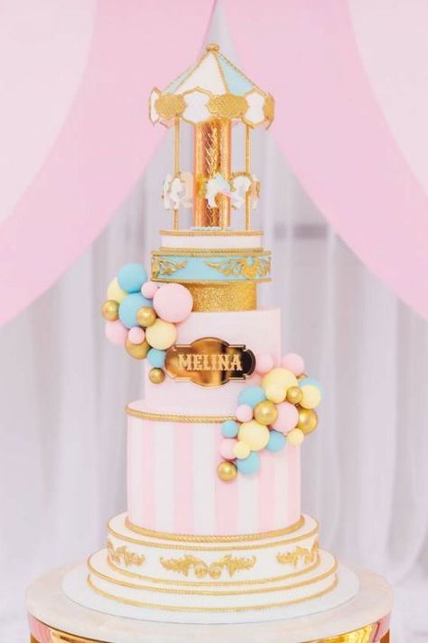 Fall in love with this gorgeous circus-themed birthday party! The cake will blow you away! See more party ideas and share yours at CatchMyParty.com #partyideas #circus #circusparty #girlbirthdayparty #circuscake Pastel Carnival Birthday Cake, Carnival Themed Birthday Cake, Carnival Party Cake, Pastel Circus Birthday Party, Pastel Carnival Cake, Carnival Birthday Party Cake, Carnival Cake Ideas, Pastel Carnival Birthday Party, Carnival Birthday Cake