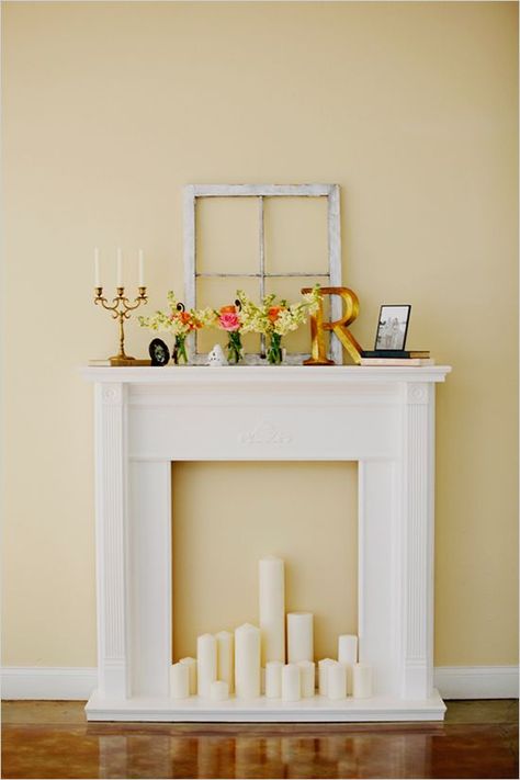 Faux Fireplace Ideas and Projects • Lots of Ideas and Tutorials! Including, from 'the wedding chicks', this simple but beautiful faux fireplace. Fake Fireplace, Faux Fireplace Diy, White Fireplace, Diy Casa, Faux Fireplace, Diy Fireplace, Shabby Chic Wedding, Fireplace Mantel, Shabby Vintage