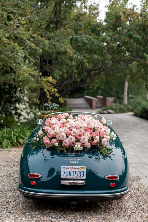 From the editorial "Look Up! This Wedding Ceremony Had 80 Individual Roses Suspended Overhead." @marksgarden was sure to incorporate unique floral moments in every aspect of the day! | Photo: @jennajanellerose #stylemepretty #weddingcar #weddingflowers #weddingideas #weddinginspo #pinkflowers Car With Flowers, Wedding Car Deco, Bridal Car, Nantucket Wedding, Fleur Design, Flower Installation, Wedding Inspiration Summer, Wedding Watch, Fairytale Wedding