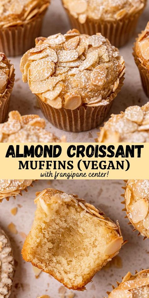 Soft vegan almond muffins inspired by almond croissants, with a gooey frangipane filling and crunchy almond topping. They taste like almond croissants but in an easy muffin form! Vegan Almond Poppyseed Muffins, Almond Paste Muffins, Lemon Almond Muffins, Vegan Gluten Free Snacks Healthy, Vegan Gluten Free Almond Cake, Gluten Vegan Dessert, Sweet Muffins Easy, Vegan Almond Dessert, Gluten Free Pistachio Muffins