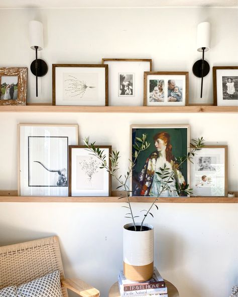 Living Room Art Shelf, Shelf And Frame Arrangement, Picture Rail Living Room Wall Shelves, Wall Art On Shelf, Leaning Frames On Shelf, Decor Above Couch Tall Ceiling, Long Floating Shelf Living Room, Picture Ledge Above Desk, Photo Ledge Bedroom