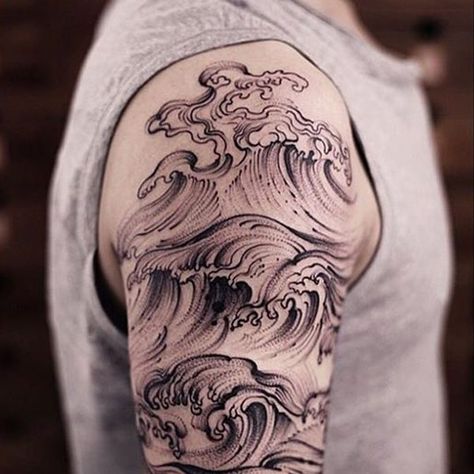 Wave Tattoo Sleeve, Yakuza Style Tattoo, Sea Tattoo Sleeve, Ocean Wave Tattoo, Wellen Tattoo, Ocean Sleeve, Wave Tattoo Design, Quarter Sleeve Tattoos, Sea Tattoo