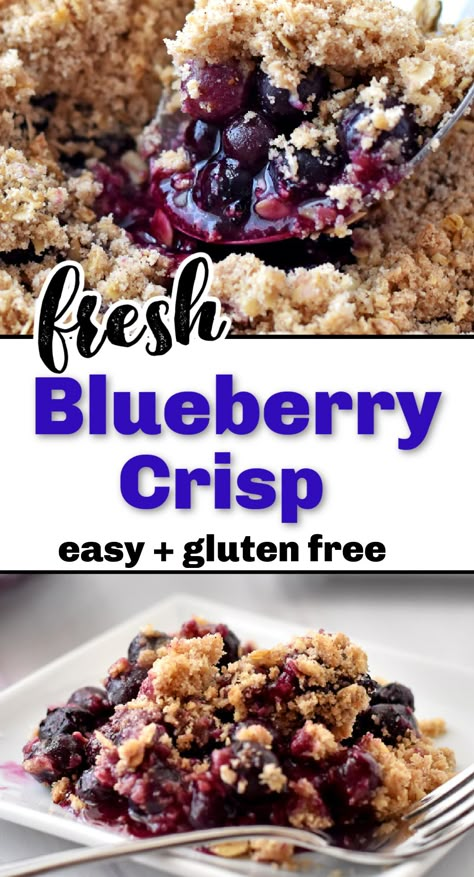 Upper image is a spoonful of freshly baked gluten free blueberry crisp and bottom image is a serving of blueberry crisp and a fork on a small white plate. Gluten Free Desserts Christmas, Crumble Recipe Topping, Gluten Free Fruit Desserts, Gluten Free Blueberry Cobbler, Gluten Free Blueberry Crisp, Gluten Free Desserts Cookies, Gluten Free Alternatives, Gluten Free Desserts Thanksgiving, Christmas Gluten Free