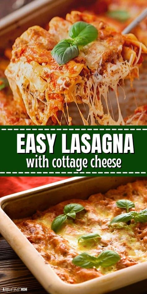 If you are looking for an Easy Lasagna recipe you have just found it! This Easy Homemade Lasagna may not be traditional, but it is still delicious and ready with only minutes of prep work! This homemade lasagna is made without par-boiling the noodles and a simple meat sauce and cottage cheese filling. It is a quick and easy dinner perfect for any family dinner. Easy Lasagna Recipe With Ricotta And Cottage Cheese, Classic Lasagna Recipe Cottage Cheese, Lasagne With Ricotta Cheese, Lasagna Rolls Without Ricotta Cheese, Easy Cottage Cheese Lasagna, Easy Lazy Lasagna Recipe, Clean Lasagna Recipe, Ree Drummond Lasagna Recipe, Lasagna Recipe With Cottage Cheese And Spinach