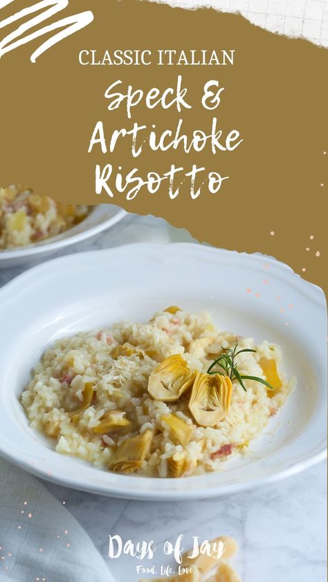 Risotto con carciofi e speck or Speck and Artichoke Risotto is one of the most delicious flavours of Italian risotto. Warm and comforting, this is a fabulous dish just by itself, or as a primi or first course of an Italian-inspired feast. Artichoke Risotto, Italian Risotto, Squash Risotto, Butternut Squash Risotto, Potato Rice, Rice Varieties, Smoked Ham, Gluten Free Pasta, Polenta