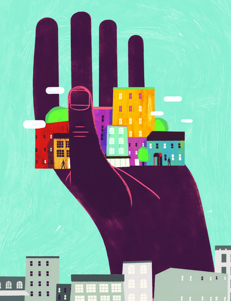 Can This Bold Vision of Black Entrepreneurship Reverse Gentrification in Portland? | City & Region | Portland Monthly Gentrification Illustration, Entrepreneurship Illustration, Gentrification Art, Hands Illustration Art, Hand Illustration Design, Solidarity Illustration, Keith Negley, Vision Illustration, Cities Illustration