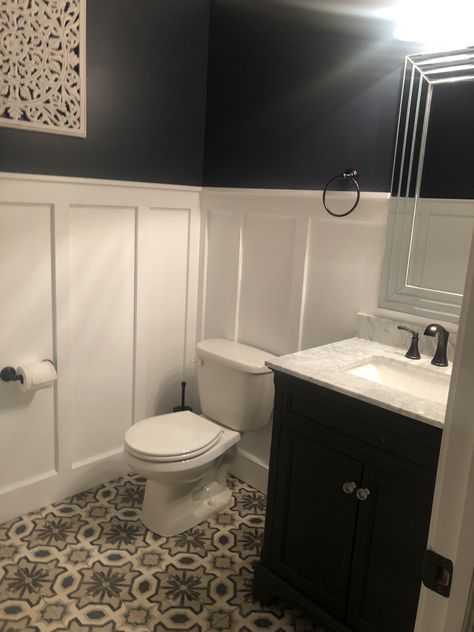 Powder Room Waynes Coating, Arctic Entry, Tall Wainscoting, Trailer Bathroom, Bathroom Facelift, Farmhouse Powder Room, Small Farmhouse Bathroom, Bathroom Redecorating, Powder Room Remodel