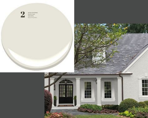 6 Show Stopping Whites That Deliver Every Time | blog | brickbatten Benjamin Moore Exterior, White Exterior Paint, Front Landscape, Warm Paint Colors, White Exterior Houses, Painted Brick House, Exterior Houses, Paint Your House, Exterior Paint Color