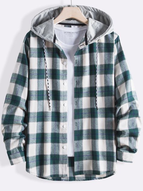 Green Preppy Collar Long Sleeve Cotton Plaid Shirt Embellished Non-Stretch Spring/Fall Men Tops Green Preppy, Hoodie Outfit Men, Flannel Hoodie, Plaid Hoodie, Cotton Plaid Shirt, Hooded Flannel, Hippie Style Clothing, Mens Flannel, Hooded Shirt