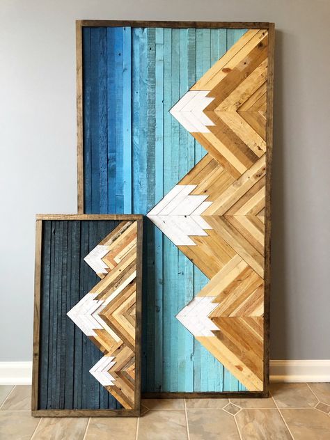 Diy Wall Ideas, Mountain Wood Wall, Mountain Wood Art, Mountain Wood Wall Art, Diy Wand, Wood Art Projects, Dekor Diy, Wood Wall Art Decor, Reclaimed Wood Wall