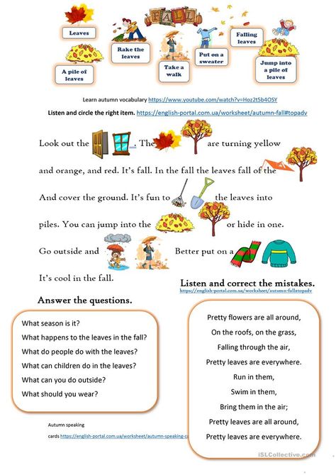 Autumn. Reading and listening comprehension. - English ESL Worksheets for distance learning and physical classrooms Autumn Reading, Autumn Song, Fall Worksheets, Teach English To Kids, Fall Songs, Esl Activities, Listening Comprehension, Fall Reading, Reading Comprehension Activities