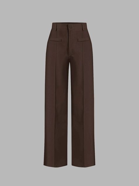 SHEIN MOD High Waist Straight Leg Pants | SHEIN USA Dark Brown Pants, Soft Feminine Outfits, Korean Pants, Brown Slacks, Brown Trousers, Brown Dress Pants, Tailored Clothes, Plain Pants, Slacks For Women