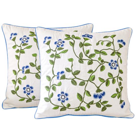 PRICES MAY VARY. 100%cotton Premium Material:Made of 100% cotton canvas, maintaining a soft and cool touch. Featuring exquisite blue and white embroidery, not printed, ensuring high quality and a unique appearance. Versatile Size:The pillow cover measures 18 x 18 inches (45 x 45 cm), with each set containing 2 pillow covers. Equipped with a hidden smooth zipper for easy closure and replacement, suitable for sofas, beds, living rooms, outdoor sofas, and more. Exquisite Design:The pillow cover fea Blue White Flowers, Blue And White Pillows, Bedroom Blue, Flower Sheets, Outdoor Bedroom, White Pillow Covers, Outdoor Sofas, Embroidered Pillow Covers, White Pillow