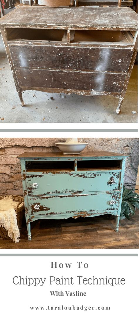 Chippy Paint Technique Using Vaseline * Chippy Paint Technique Vaseline, Upcycle Drawers, Chippy Paint Technique, Dresser Inspiration, Chippy Painted Furniture, Buffet Cabinets, Painted China Cabinets, Upcycle Dresser, Painted Dressers