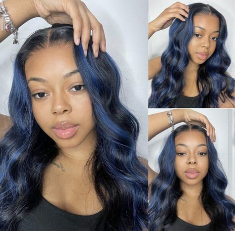 Blue Highlights Wig, Black With Blue Highlights, Black Hair Wigs, Skunk Stripe, Wigs Black, Black Hair With Highlights, Blue Wig, Hairstyle Inspo, Beauty Forever